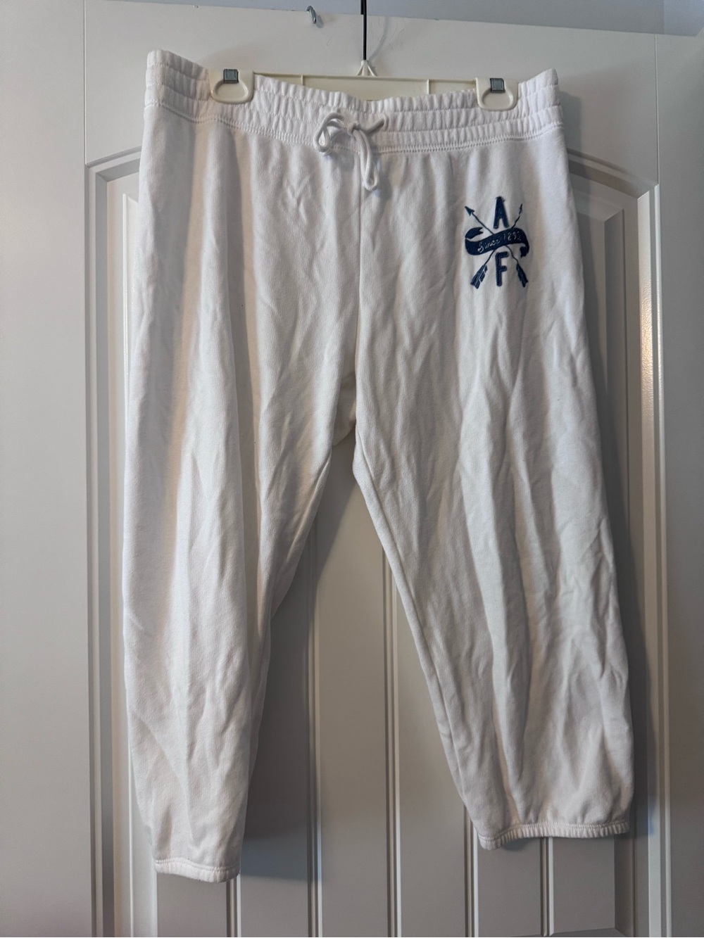 Abercrombie & Fitch White Crop Sweatpants with Blue Logo